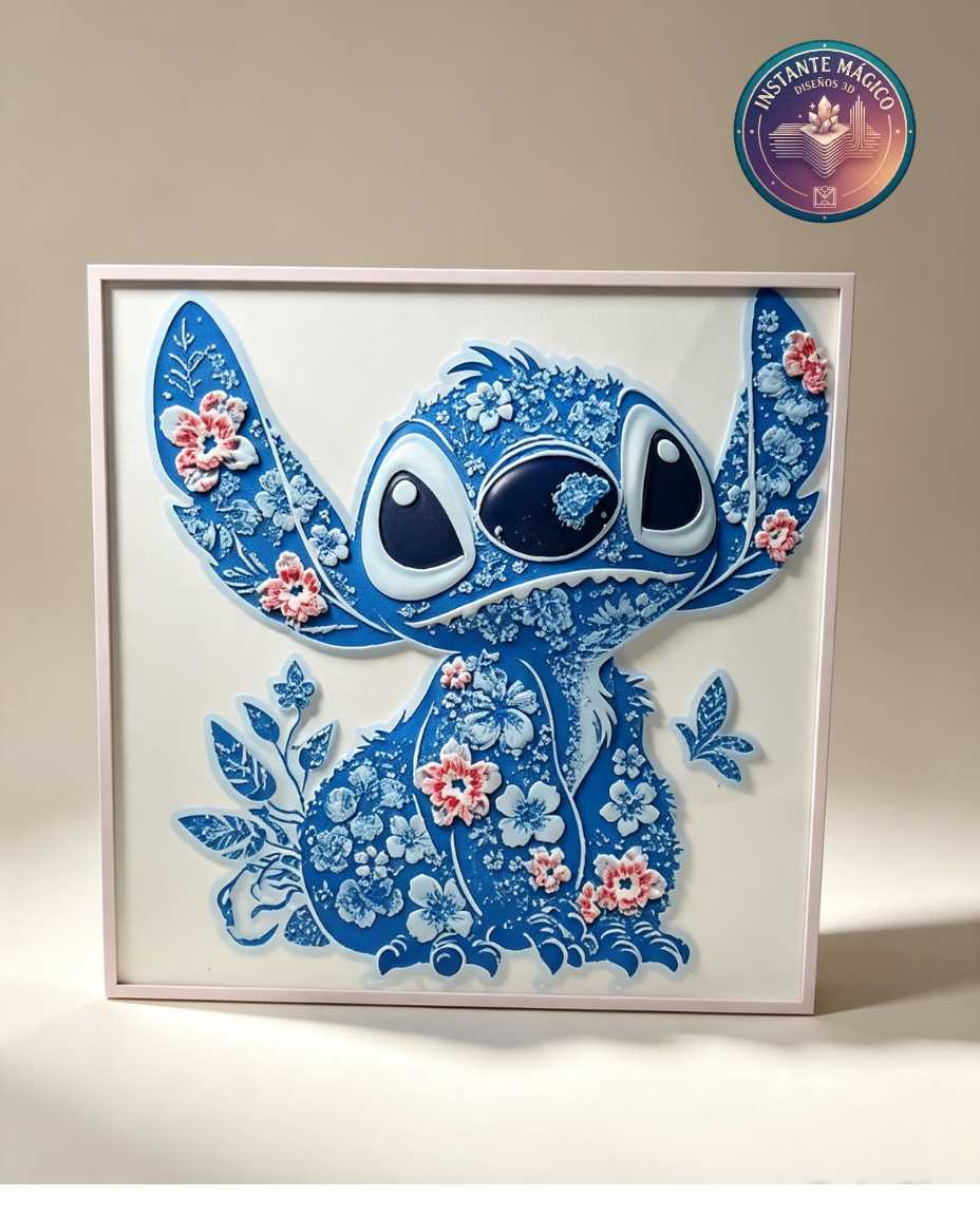 "Stitch floral cuadro decorativo 3D personalizado — figura Disney con flores impresa en PLA Uruguay"
