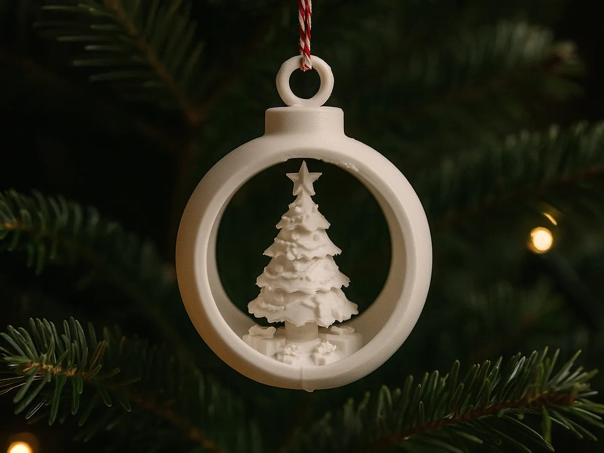 Bola navideña 3D impresa con árbol de Navidad en su interior, colgando de rama