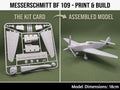 Kit Card Avión Messerschmitt Bf 109 impreso en 3D gris con tarjeta de piezas y modelo armado de 18cm