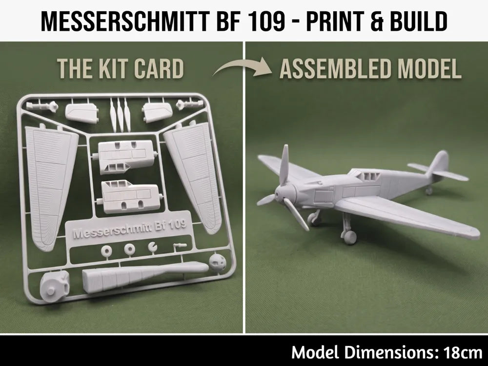 Kit Card Avión Messerschmitt Bf 109 impreso en 3D gris con tarjeta de piezas y modelo armado de 18cm
