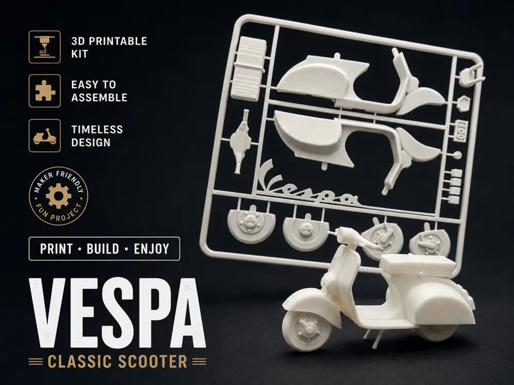 Kit Card Vespa Classic Scooter impreso en 3D blanco con tarjeta de piezas y modelo armado