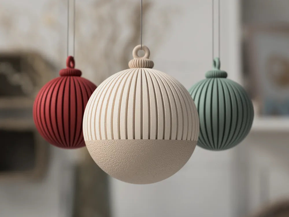 Bolas navideñas estriadas 3D en colores rojo, blanco y verde colgando