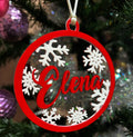 Bola navideña 3D con nombre Elena personalizado y copos de nieve blancos