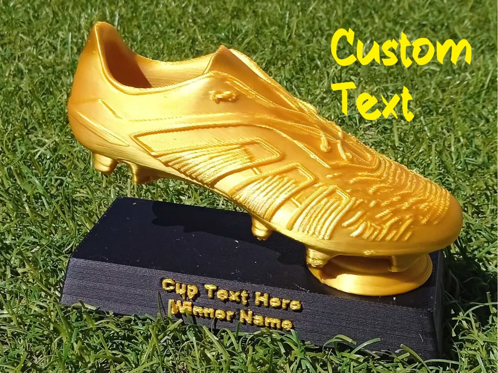 Trofeo botín dorado personalizable 3D con base negra y texto personalizado