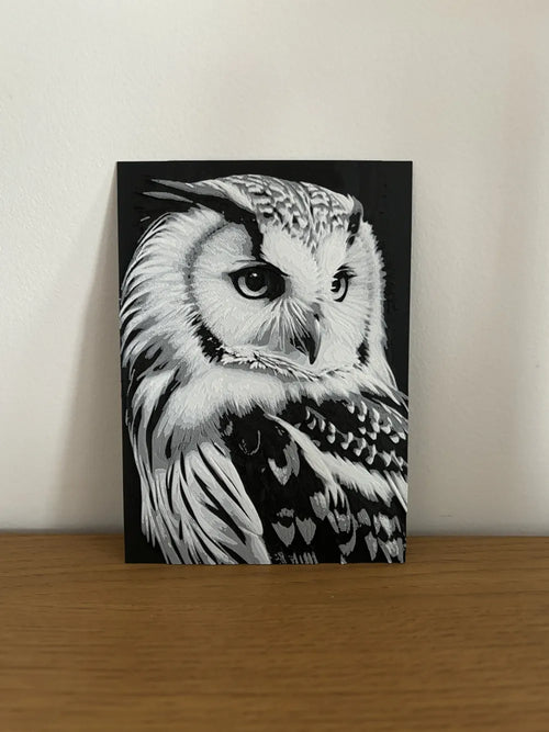 "Búho blanco y negro cuadro decorativo 3D — arte de pared con relieve impreso en PLA Uruguay"