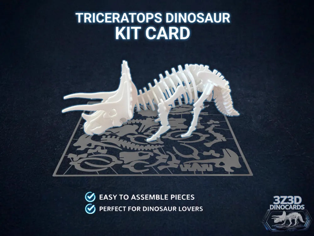 Kit Card Triceratops esqueleto impreso en 3D blanco con tarjeta de piezas para armar