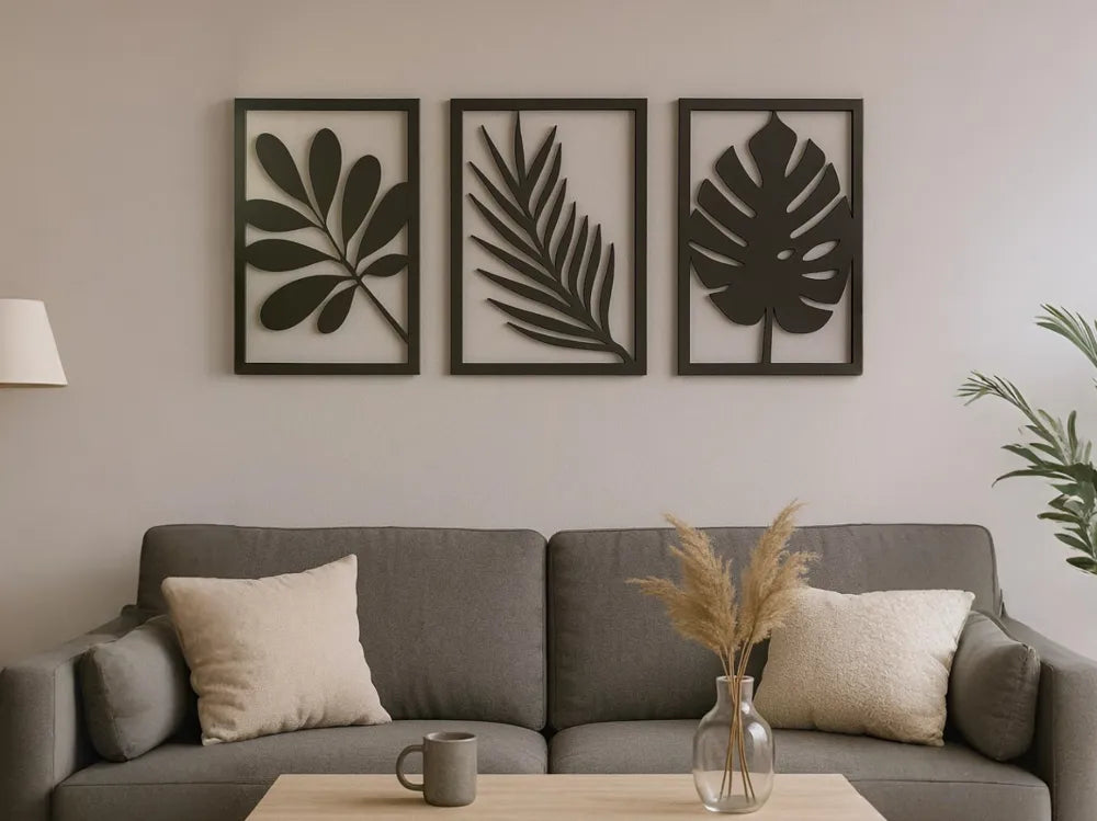 "Hojas X3 cuadro decorativo 3D — arte de pared botánico"