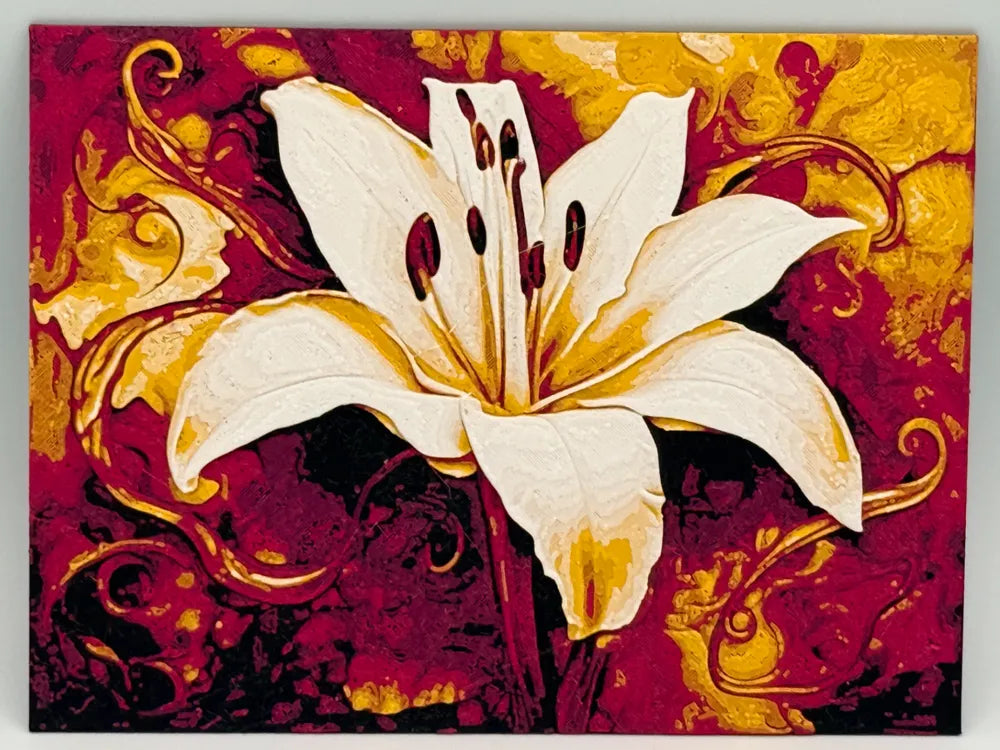 "Flor de lirio cuadro decorativo 3D — arte de pared floral con relieve impreso en PLA Uruguay"