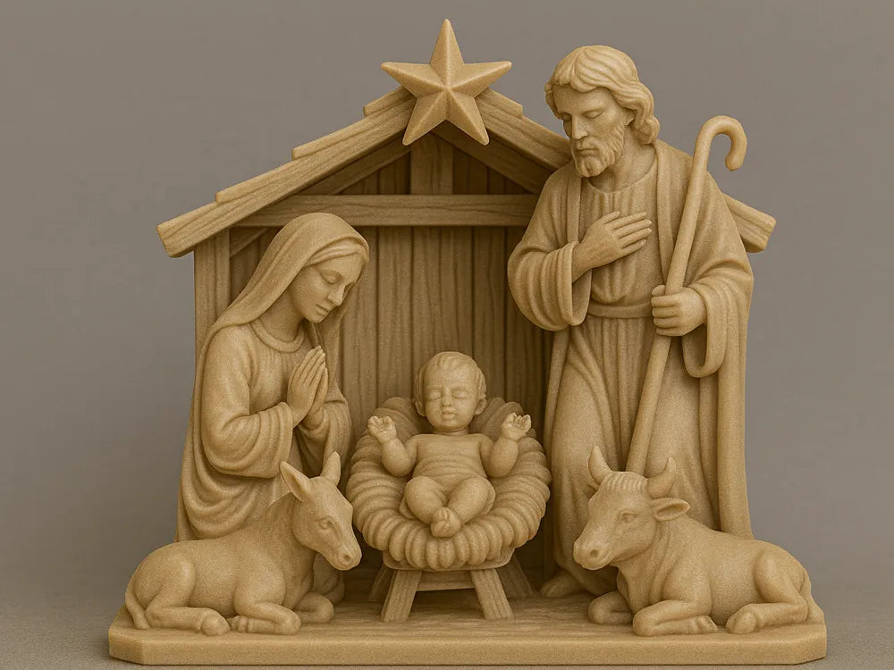 Pesebre clásico 3D de 18x18cm en color blanco con portal, Sagrada Familia, buey y burro estilo tallado en madera