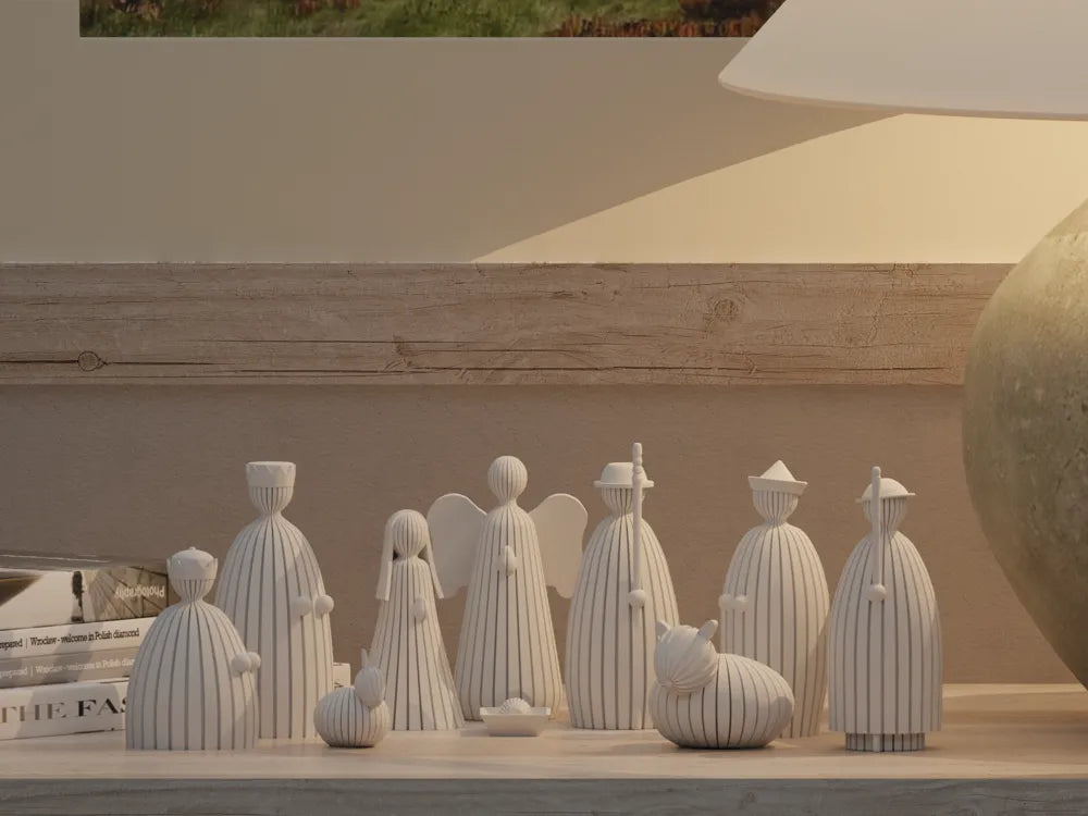 Pesebre moderno minimalista 3D set de 10 figuras blancas con estrías verticales estilo nórdico
