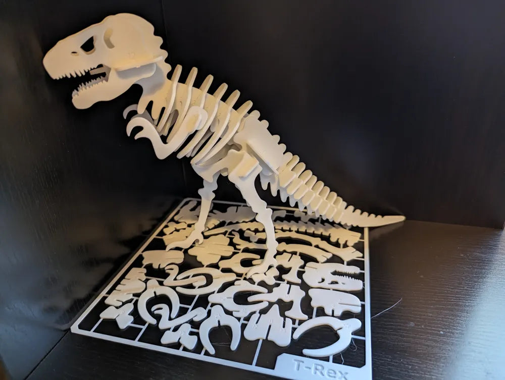 Kit Card T-Rex esqueleto impreso en 3D blanco con tarjeta de piezas para armar