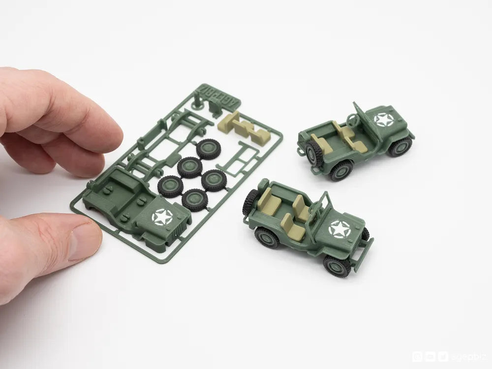 Kit Card Jeep Willys Militar impreso en 3D verde militar con estrella aliada y piezas para armar