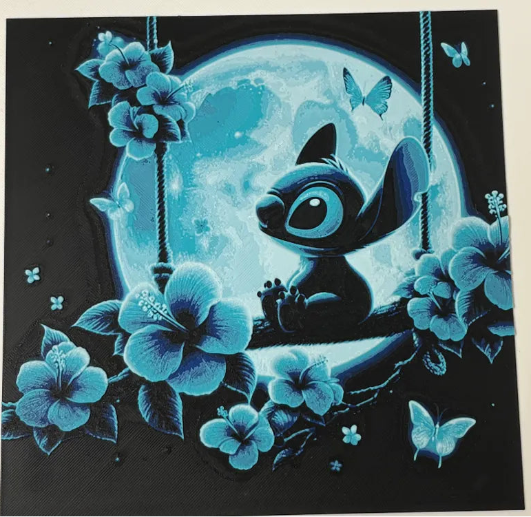  "Stitch y luna llena cuadro decorativo 3D — figura Disney con relieve impreso en PLA Uruguay"