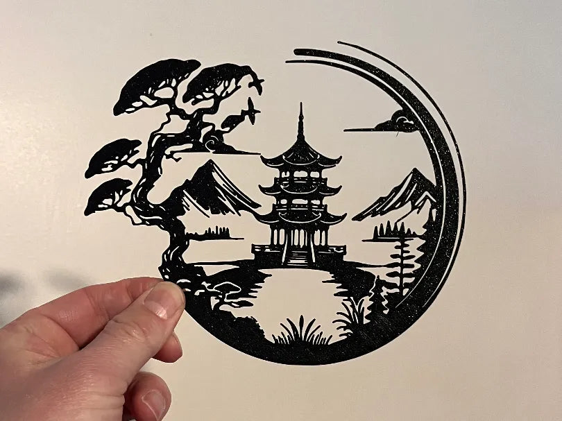 "Templo japonés cuadro circular decorativo 3D — arte de pared oriental con relieve impreso en PLA Uruguay"