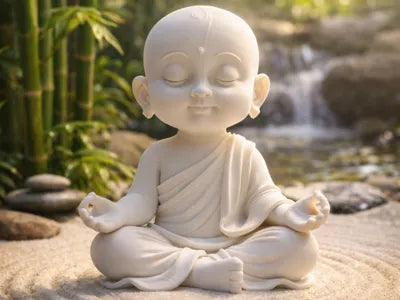 Escultura decorativa 3D Baby Buda meditando en posición de loto, color blanco, estilo tierno