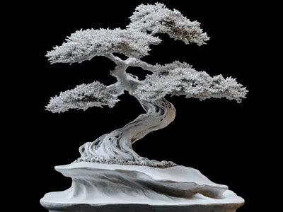 Bonsái japonés impreso en 3D en PLA blanco con ramas, raíces y base de roca, figura decorativa artesanal