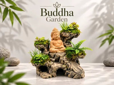 Figura decorativa de Buda con jardín de suculentas y rocas impresa en 3D, composición zen con macetitas integradas