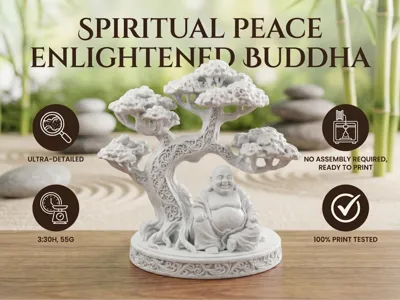 Escultura decorativa 3D Buda feliz sentado bajo árbol bonsái color blanco, ultra-detallada