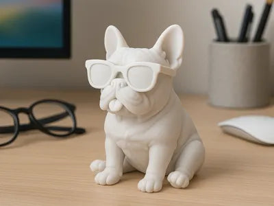 Figura decorativa 3D de bulldog francés sentado con lentes de sol en PLA blanco sobre escritorio