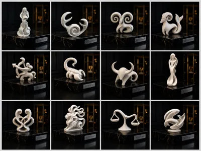 Colección de 12 figuras decorativas de signos del zodiaco impresas en 3D en PLA blanco sobre fondo negro