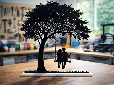 Silueta decorativa 3D de pareja en columpio bajo árbol frondoso impresa en PLA negro sobre base blanca