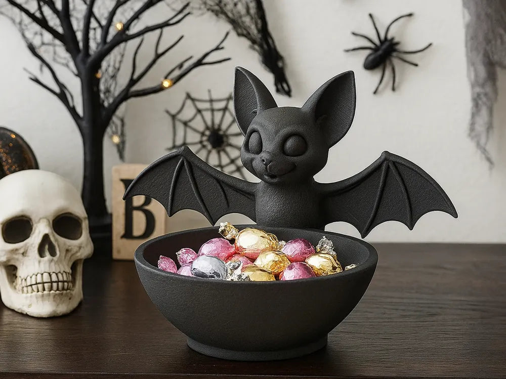 Cuenco murciélago chibi 3D negro mate 20x18cm con alas desplegadas - Halloween