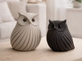 Set de 2 búhos decorativos 3D, uno blanco y uno negro, sobre mesa de madera