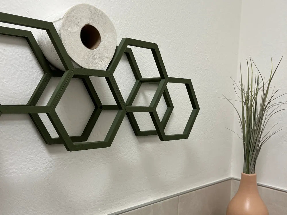 Porta papel higiénico hexagonal 3D verde oliva montado en pared de baño