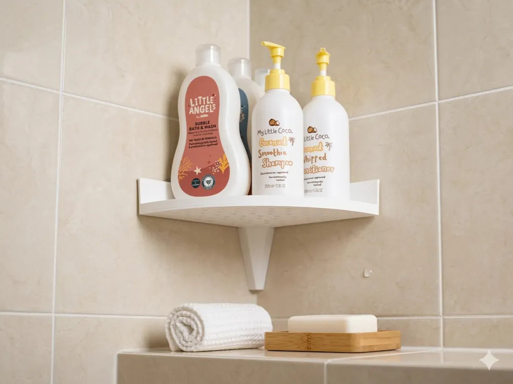 Esquinero de ducha 3D blanco con productos de higiene en baño moderno