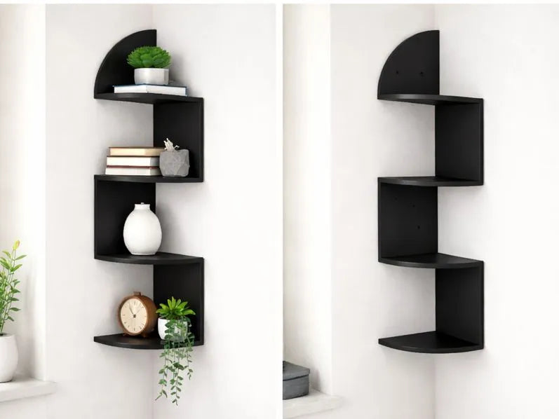 Estante esquinero 3D negro en zigzag de 4 niveles instalado en esquina de pared con objetos decorativos