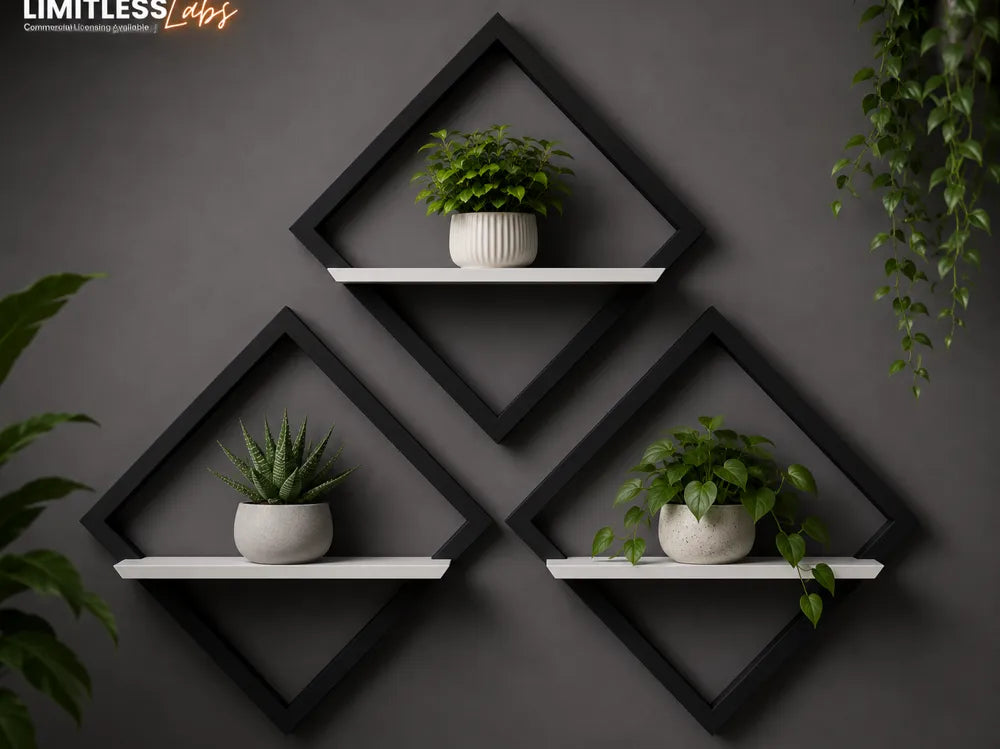 Set x3 estantes rombo 3D negros con blancos instalados en pared gris con plantas decorativas