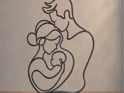 Escultura decorativa 3D silueta de familia — padre, madre y bebé en diseño de línea continua