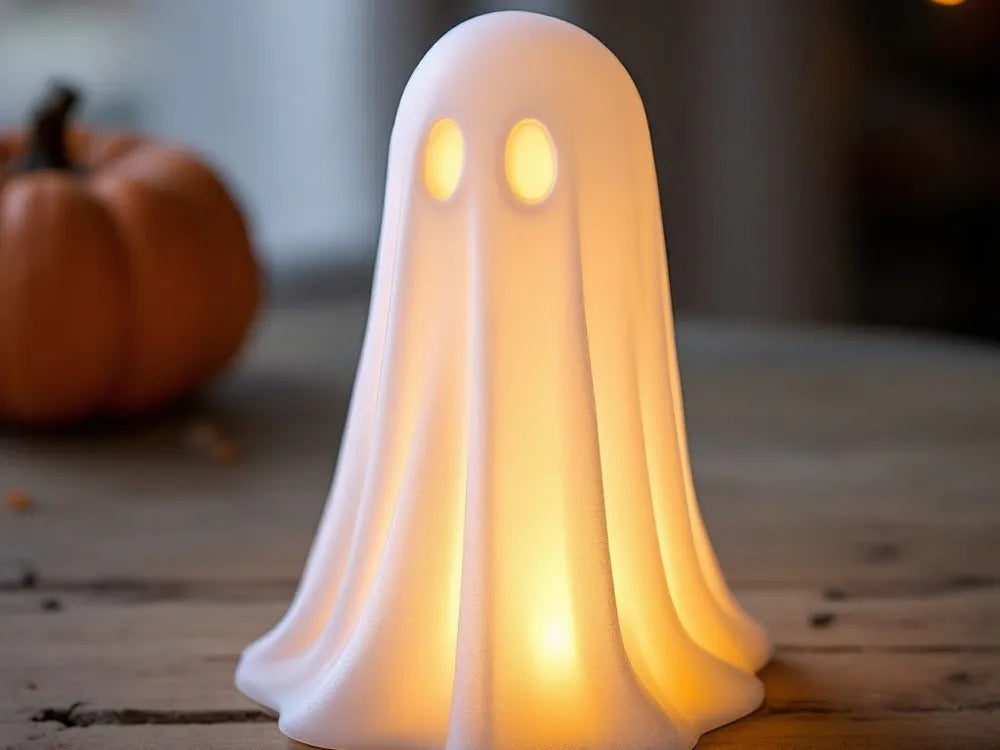 Fantasma luminoso porta-vela 3D translúcido blanco con luz cálida - 10cm Halloween