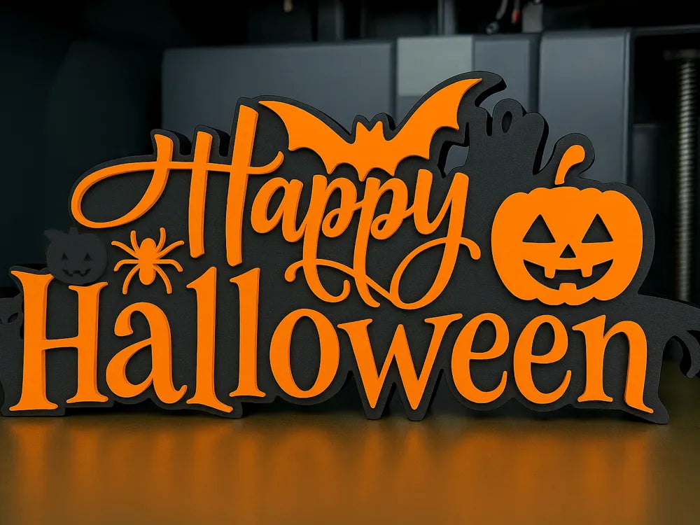 Cartel Happy Halloween 3D bicolor naranja y negro 24x10cm con iconos Halloween