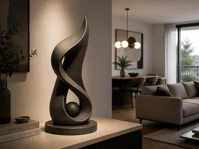 Escultura abstracta Flujo Infinito impresa en 3D en PLA oscuro, forma orgánica curva sobre base redonda en ambiente moderno