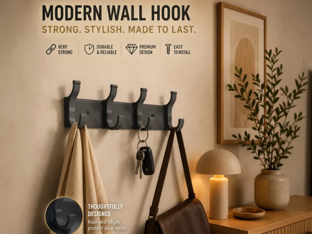 Perchero de pared 3D negro con 5 ganchos con ropa, llaves y bolso colgados en ambiente moderno