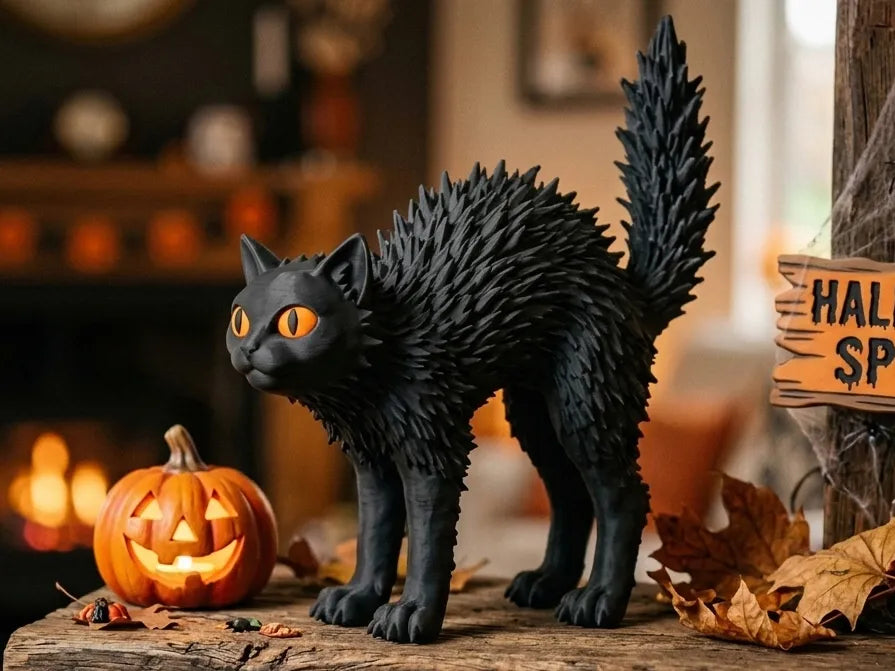 Gato negro asustado 3D con pelo erizado y ojos naranja - 12x12cm Halloween