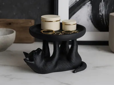 Organizador de joyas decorativo 3D en forma de gato negro acostado sosteniendo bandeja redonda