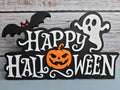 Cartel Happy Halloween 3D tricolor negro blanco naranja 24x24cm con murciélago fantasma y calabaza