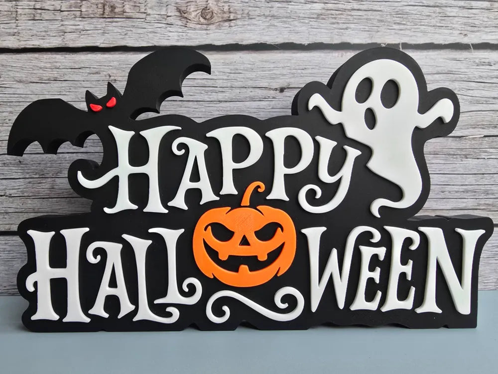 Cartel Happy Halloween 3D tricolor negro blanco naranja 24x24cm con murciélago fantasma y calabaza