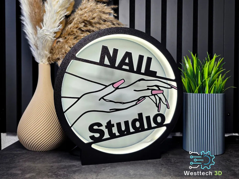 Cartel redondo Nail Studio impreso en 3D con marco negro y fondo difusor blanco, decoración para salón de manicura