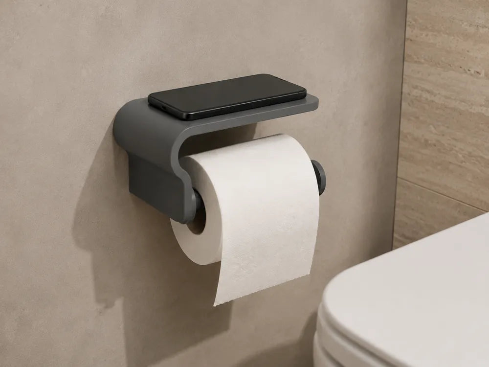 Porta papel higiénico 3D gris con bandeja superior y celular apoyado instalado en baño moderno