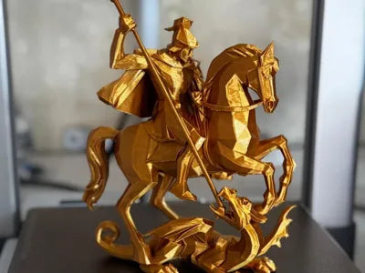 Escultura decorativa 3D San Jorge a caballo venciendo al dragón, acabado dorado brillante