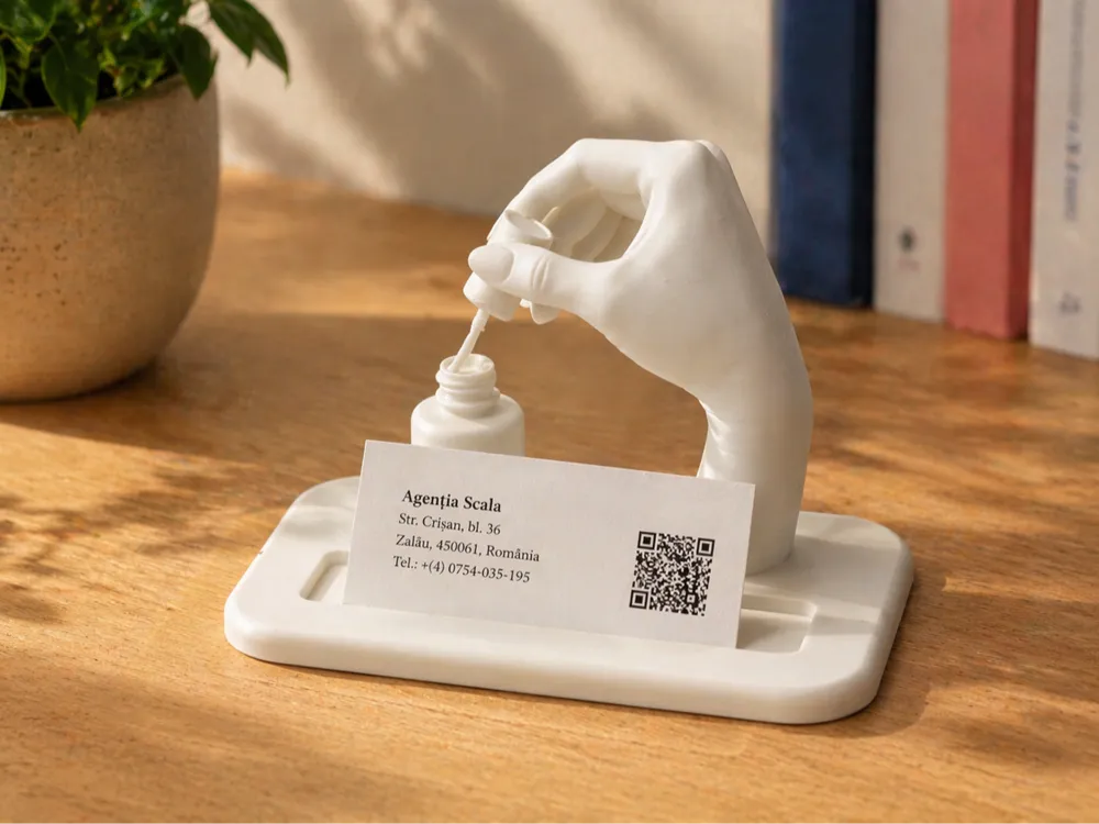 Tarjetero decorativo 3D color blanco con figura de mano aplicando esmalte y ranura para tarjetas de presentación sobre escritorio de madera
