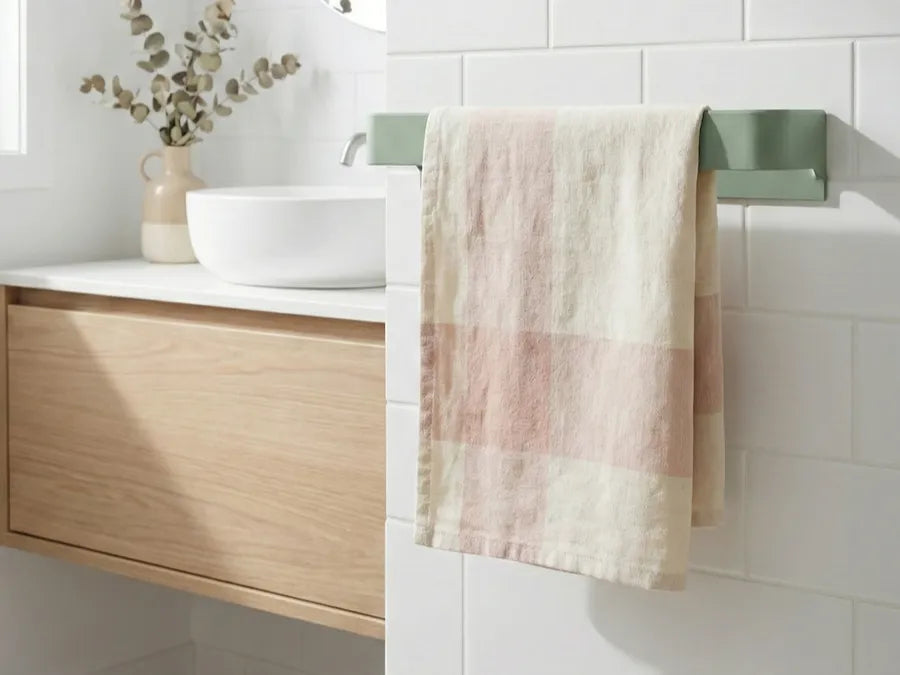 Toallero de pared 3D verde sage con toalla colgada en baño minimalista moderno