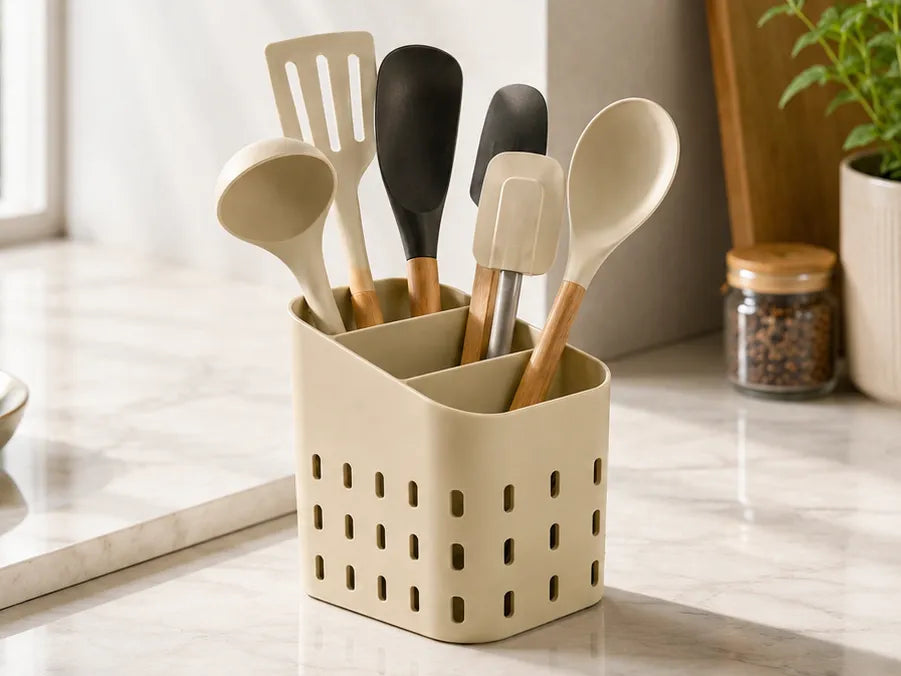 Organizador de utensilios de cocina 3D color crema con divisores internos y perforaciones sobre mesada