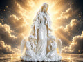 Escultura decorativa 3D Virgen María con dos ángeles arrodillados en oración, color blanco nacarado con destellos dorados
